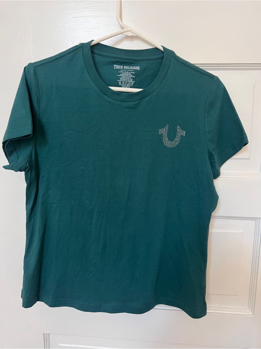 True Religion Women's Teal Short Sleeve Rhinestone Logo Tee